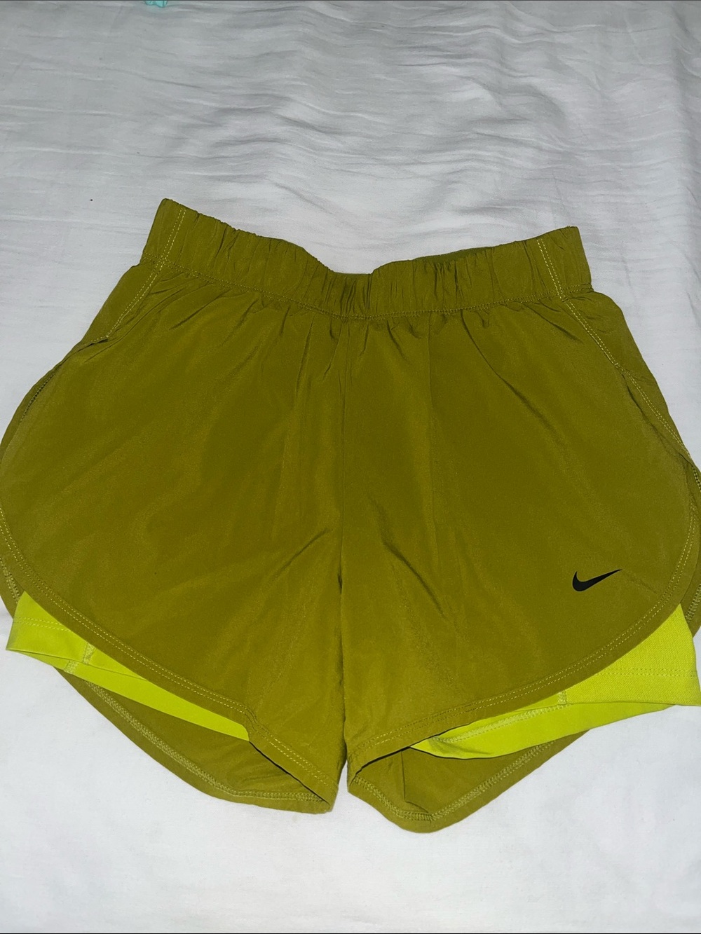 Nike Women's Olive Green Athletic Shorts with Neon Yellow Liner Biker Short